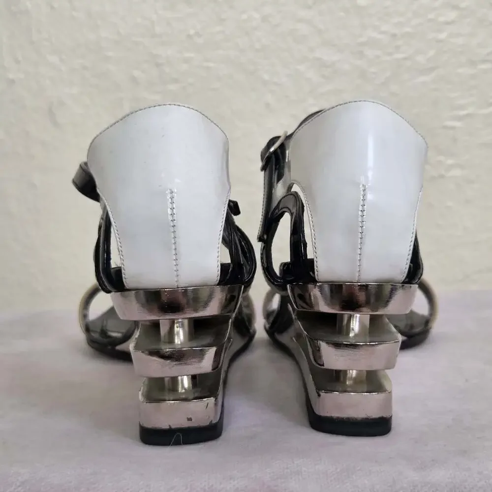 Catherine Malandrino Black and White Patent Leather Wedge Sandals